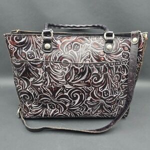 Patricia Nash Black Tooled Leather Tote Bag Floral Crossbody Handbag